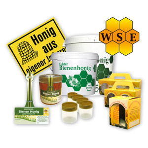 Honiggläser, Honiggebinde, und Honigwerbung